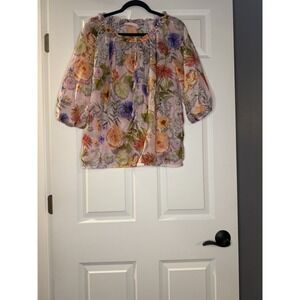 Basler Sheer Floral 3/4 Sleeve Blouse Multicolor Cotton Silk Size 42